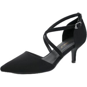 Women's Black Suede Polyurethane Pointed Toe Cross Strap Low Kitten Heel Pumps